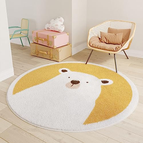 iyoimono Gelber Bär Teppich Rund 200cm Kinderteppich Baumwollteppich Groß Teppich Waschbar Vintage Teppich für Kinderzimmer Schlafzimmer Wohnzimmer Küche Indoor Outdoor