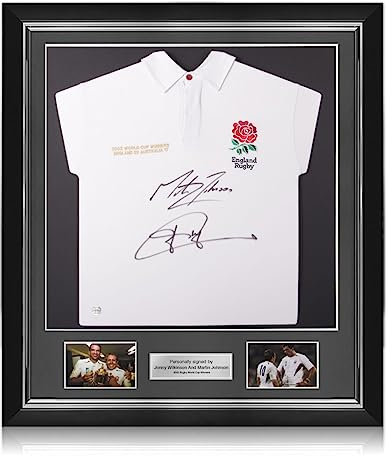 Exclusive Memorabilia England-Rugby-Trikot, signiert von Jonny Wilkinson und Martin Johnson. Deluxe-Rahmen