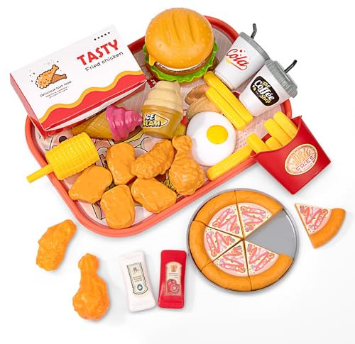 Küchenspielzeug Lebensmittel Spielzeug Set, Kinderküche Kinder Spielküche Zubehör, Hamburger Fastfood mit Tray Brathähnchen Pizza Fries, Lernspiele Rollenspiele Geschenke für Jungen Mädchen