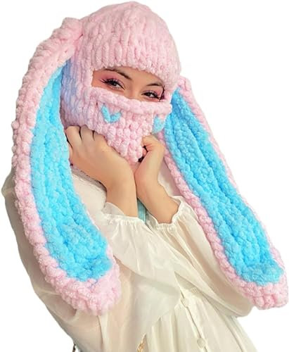 LUXRUB Lustige Y2K Strick Sturmhaube Gesichtsmaske Für Erwachsene Hasenohren Winter Ski Warmer Schal Totenkopf Mütze Halloween Kreative Kopfbedeckung (Color : Bunny Ear-pink/Blue, Size : One Size)