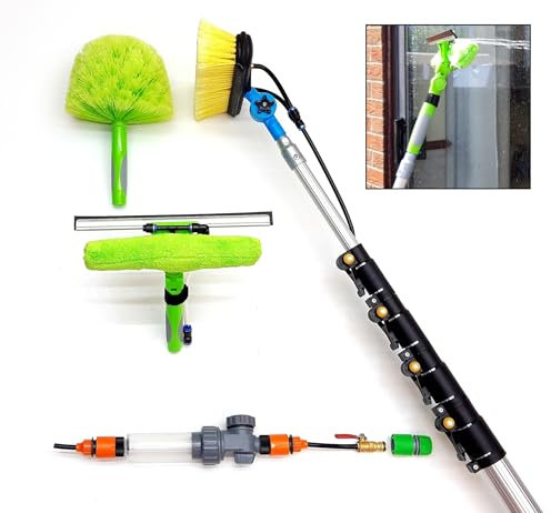 HI-TECH 16ft-20ft-24ft Telescopic Water Fed Window Cleaning Pole, Solar panel Conservatory Roof Cleaner, Extended Extension Extendable Water Fed Spray Squeegee Kit Hose Fed Tool