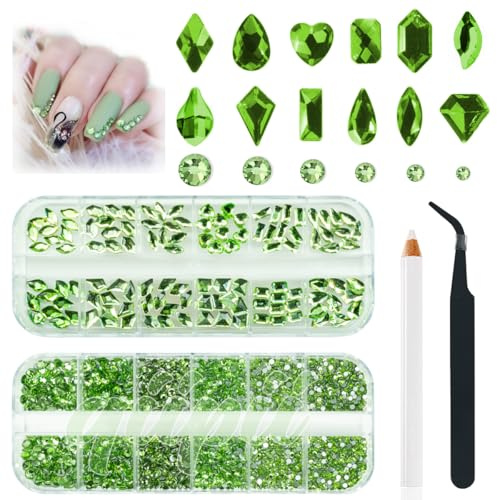 2630 Pieces Light Green Nail Rhinestones 120 Multi Shapes Crystal Grass Green Flatback Rhinestones Gems +2510 Round Beads Glass Stones Diamonds Jewels w Wax Pen for Nail DIY Face Eye Mackup Clothes