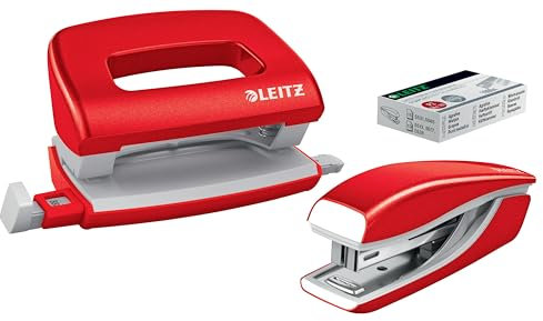 Leitz WOW Mini-Heftgerät und -Locherset, Heften oder Lochen von bis zu 10 Blatt, inkl. 1000x P2 N°10 Heftklammern, Ideales Set für Büro, Home Office, Schule & Kinderzimmer, Metallic Rot, 55612026