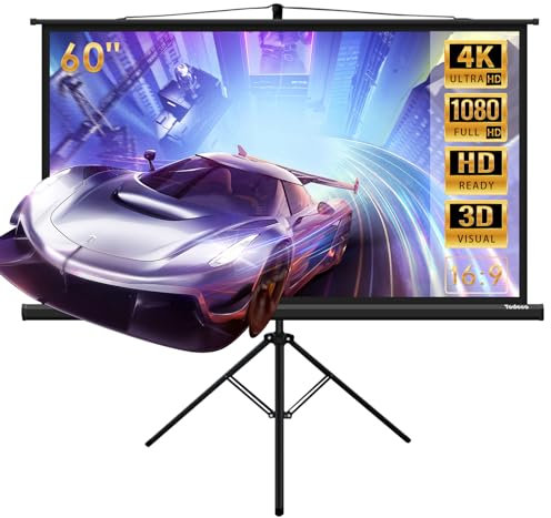 Todeco Écran de Projection sur Pied 60 Pouces, Portable Pliable, Écran pour projecteur avec trépied, pour intérieur ou extérieur, 130 x 75 cm, Formats 16:9, HD 4K 3D, Noir