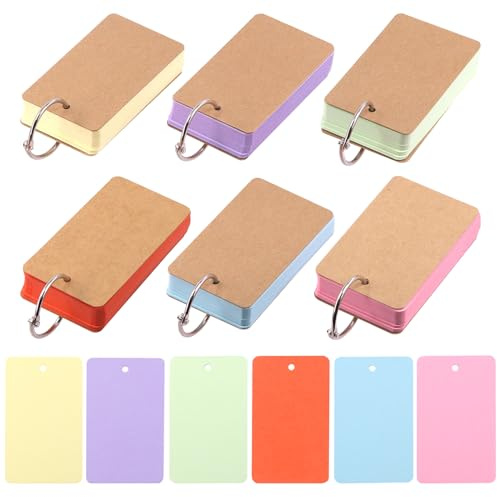 Swpeet 300 ark 2,1 x 3,5 tum färgade indexkort med bindande ringar, anteckningskort indexkort, 6 färger enkla flipkort tomma indexkort för skolinlärning minneskort spelkort