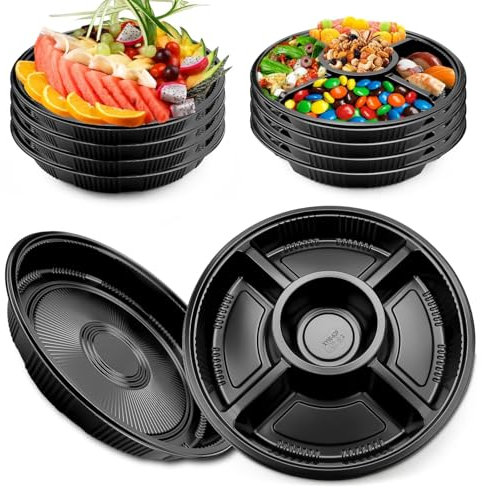 Mbsomnus 8 Pack Serving Platter Set - 4 Pack Compartment Trays and 4 Pack Round Serving Platters for Parties Reusable Plastic Snack Tray Catering Trays for Appetizers Snacks Sushi Dip Veggies