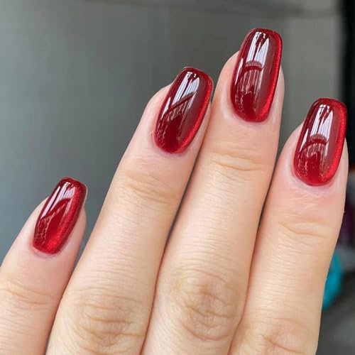 Ceboic 24 Pièces Carrés Faux Ongles Court Français Rouge Brillant Press on Nails Couverture Complète Acrylique Soft Gel Ongles à Coller Couleur Pure pour Femmes et Filles DIY D'ongle Manucure Salon