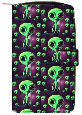 YHEGBFD Geldbörse, Leder, Grün, Alien-Druck, stilvolle Geldbörse, Reißverschluss, Geldbörse für Herren und Damen, echtes Leder, Grüner Alien, 19,7 x 11 x 3,5 cm, Green Alien, 19.7x11x3.5cm
