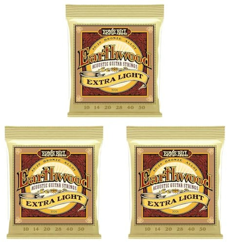 Ernie Ball Earthwood Extra Light - Cuerdas para guitarra acústica, bronce 80/20, calibre 10-50 (Paquete de 3)