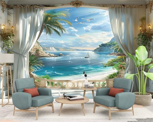 Vlies Fototapete kinderzimmer Fenster-Ozean-Landschaft tropische Palmen 3D Effekt 200 x 140cm - Foto Tapete für Wohnzimmer Moderne Vliestapete Wandtapete Motivtapeten Heim Dekoration