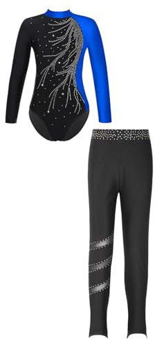 renvena Mädchen Gymnastikanzug Turnanzug Set Langarm Trikot Body Strumpfhose Leggings mit Glitzer Kinder Sport Tanz Outfit Blau Schwarz 146-152