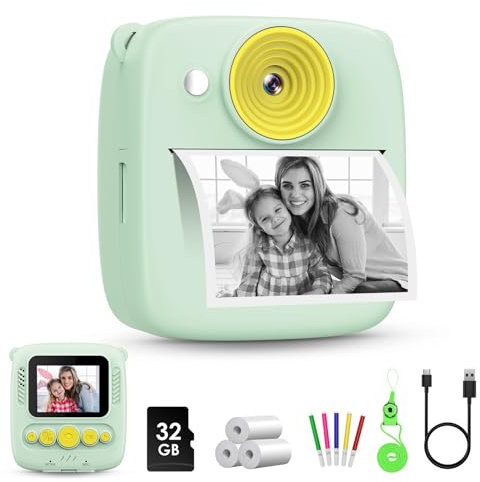 Gofunly Kids Camera Instant Print, 1080P Kids Digital Camera with 32GB Card & 3 Rolls Photo Paper, 2.0 Toddler Camera for Childrens, Funny Kids Toys Birthday Gifts for Boys & Girls Age 3-10 (Green)