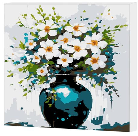 AIRDEA Blumenvase Malen nach Zahlen Erwachsene, DIY Handgemalt Ölgemälde Kit, Paint by Numbers mit 3-Pinseln und Acrylfarbe 20x20 cm (Gerahmt)