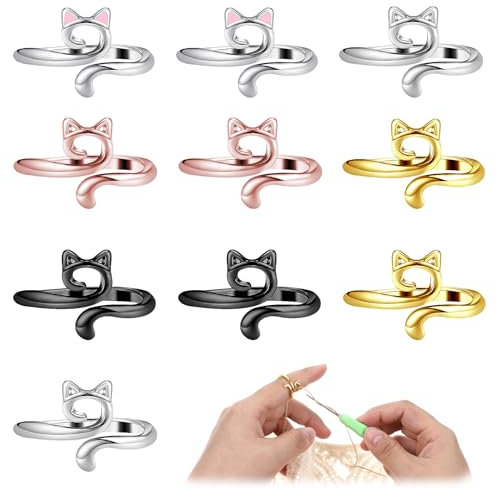 JIEYAO 10 Stück Häkelringe, Verstellbare Häkelring Finger Strick Häkelschlaufenringe für Finger Cat Crochet Ring Häkel Ring Zubehör zum Häkeln Stricken Garnhalter Häkelspannungsring für Mutter Oma
