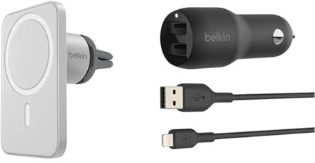Belkin Kfz-Lüftungshalterung PRO mit MagSafe für die iPhone 13-Serie USB-Kfz-Ladegerät mit 2 Ports, 24 W, Lightning-Kabel (Boost Charge Kfz-Ladegerät, USB-Auto-Ladegerät)