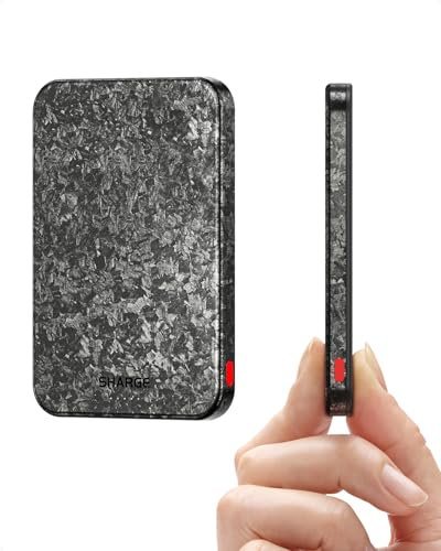 SHARGE CarbonMag 5K Magsafe Power Bank, 5000mAh Magnetic Portable Charger 20W PD Fast Charging QC 3.0 Carbon Fiber Slim Battery Pack for iPhone 16 15 14 13, Galaxy S24, Airpods (USB-C cable included)