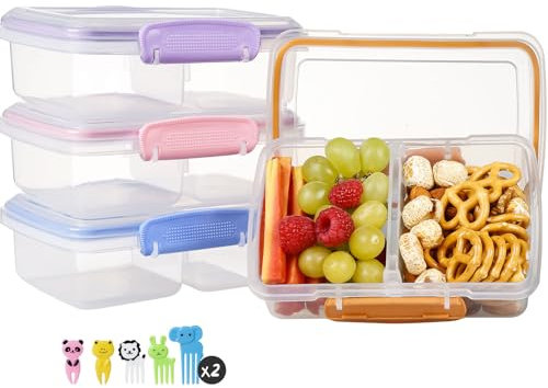 Greentainer Brotdose Kinder mit Fächern, Brotdosen 4 Stücke, Lunchbox Kinder ohne BPA, Frühstücksbox Brotzeitbox, Lunchboxen mit 2 Trennfächern + Clickverschluss+ 10 pcs Gabel für Schule,Kindergarten