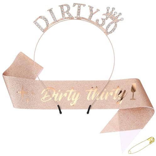 AOZUO Dirty 30 Rhinestone Headband and Sash Set, Thirty Tiara Birthday Decoration Gifts, Rose Gold Party Supplies for Women