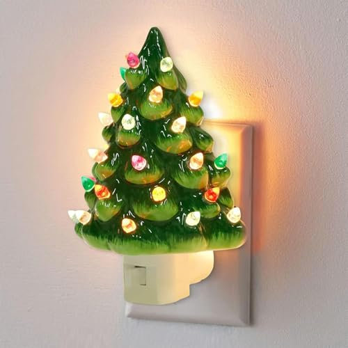 CHENRI Vintage Christmas Night Light with Decorative Snow, Cute Resin Christmas Tree Nightlight for Bedroom Holiday Decor
