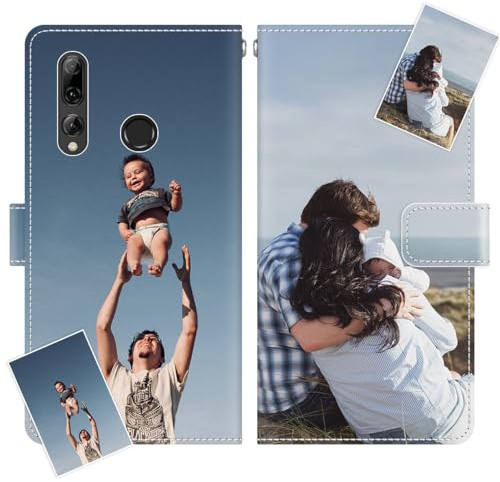 JGOYGYI Personalisierte Leder Handyhülle kompatibel mit Huawei P smart+ 2019,Individuelle Eigenem Foto Bild Text Bildern Foldable Flip Klapphüllen Case hülle+Handykette