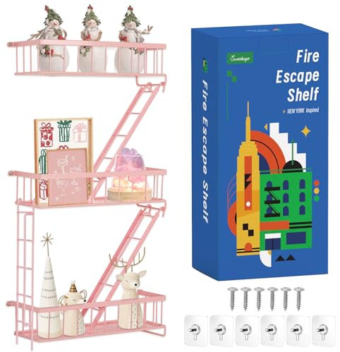 SweetSage Fire Escape Shelf - Pink Wall Decor Floating Shelves, Cute Metal Ladder Shelving for Bedroom, Home Decor Display (3-Tier)