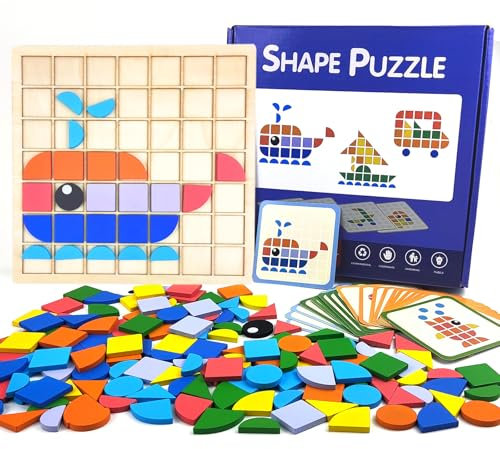 Jastown 140pcs Creative Mosaic Puzzle,Wooden Pattern Blocks Set,Shape Matching Game,Wooden Blocks,Tangram Puzzle Jigsaw For Kids, Colorful Shape Montessori Learning Gift For Aged 3 5 6 8 12