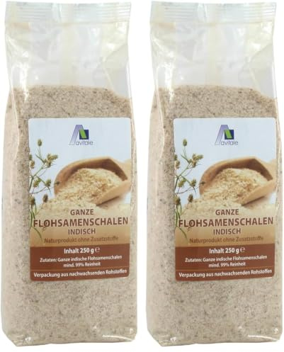 Avitale Ganze Flohsamenschalen aus Indien, 99% Reinheit, reich an Ballaststoffen - Verpackt in Deutschland, 2er Pack (1 x 250 g)