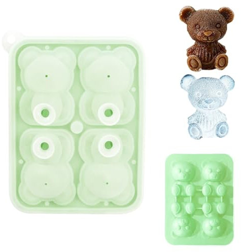 Silikon Eiswürfelform Bär, 4 Niedliche 3D Bär Eiswürfelformen, Wiederverwendbar Eiswürfelbehälter mit Deckel, BPA-Frei, für Eis, Whiskey, Cocktail, Saft - Grün
