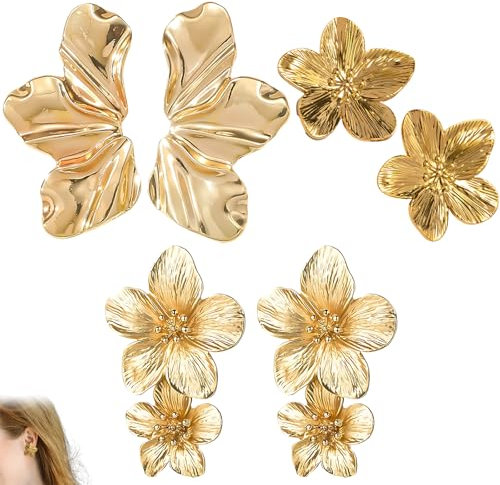 3er-Set Goldene Blumen ohrringe, Fächerförmige Blüten & Doppelschicht-Design, ohrringe gold, Statement-Schmuck für Hochzeit, Partys & Alltag, Hypoallergen Geschenkidee für Frauen & Mädchen