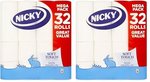 Nicky Soft Touch Toilet Tissue |Extra Value Pack – 32 Rolls of Extra Gentle White Toilet Paper |190 Sheets per Roll| 2-ply | Soft Tissue | Modern Embossing |Easy Opening | 100% FSC Certified Paper