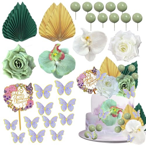 SDIDVIEXPERT 29 PCS Rose Artificial Flower Leaves Cake Decorations Paper Palm Fan Cake Toppers Ball Cake Decorations for DIY Wedding Birthday Party Baby Shower Valentine's Day(Green)