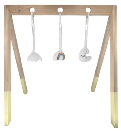 Liefjes & Co Baby Spielbogen aus Holz – Spieltrapez mit Hängespielzeug: Regenbogen, Mond & Wolke – Babygym – Baby Spielzeug ab 0 Monate – Geschenk für Neugeborene (Gelb)