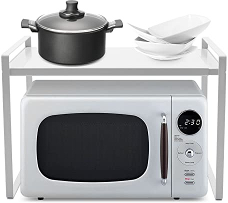 MZBDYYF Extendable Microwave Oven Rack - Microwave Shelf Stand, White Kitchen Storage Organiser, 2 Tiers Storage Shelving Unit Kitchen Counter Shelf for Kitchen Dining Room Living Room