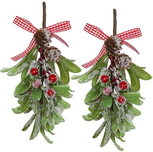 HERZWILD Decorazione natalizia artificiale a forma di vischio, con ramo di vischio glitterato, con bacche, decorazione da appendere per albero di Natale, ghirlanda floreale, porta finestra (griglia