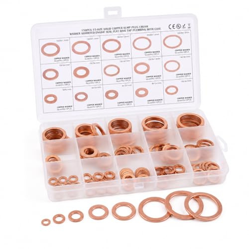 VOBOR 150 Pcs Arandelas de Cobre, 15 Tamaños M5, M6, M8, M10, M12, M14, M16, M18, M20, M22, Arandela Carter Aceite, Accesorios Hidráulicos para Tapones de Sumideros Agua Combustible
