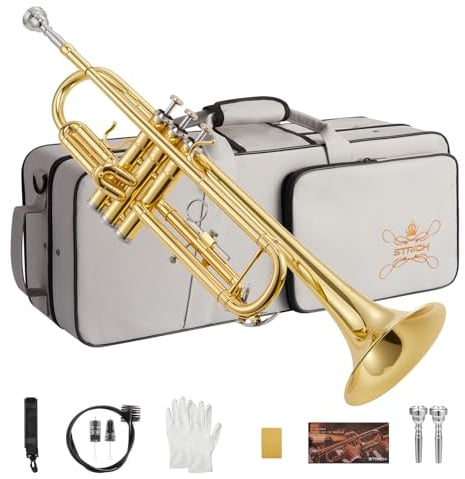 STRICH Bb Standard-Trompeten-Set für Anfänger, Blechblasinstrument für Schüler mit Hartschalenkoffer, Reinigungsset, Mundstücken 7C und 3C, Handschuhen STR-130G, Gold