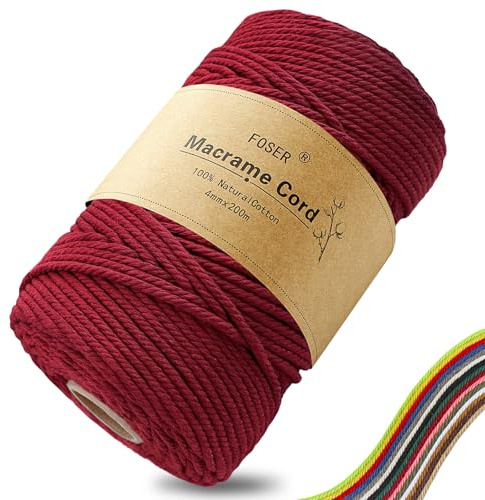 FOSER Filato macramè di alta qualità, 4 mm x 200 m, filo macramè naturale, per lavori artigianali, decorazione da parete (rosso bordeaux)