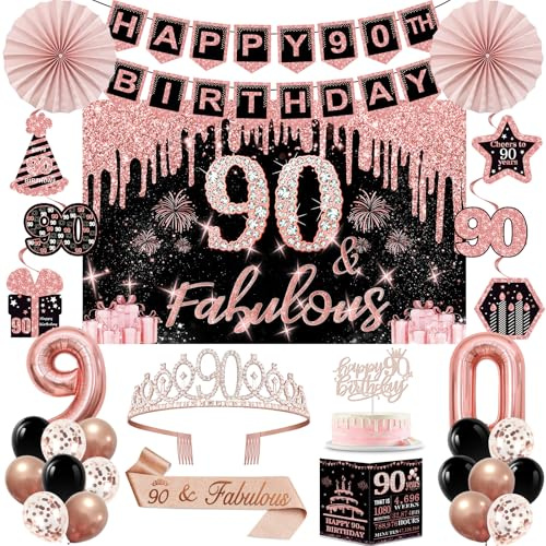 90th Birthday Decorations for Women, Rose Gold 90th Birthday Party Kits | 32pcs Happy 90 Years Old Party Decorations Set, Backdrop, Crown, Sash, Banner, Cake Topper, Balloons, Card, Paper Fans