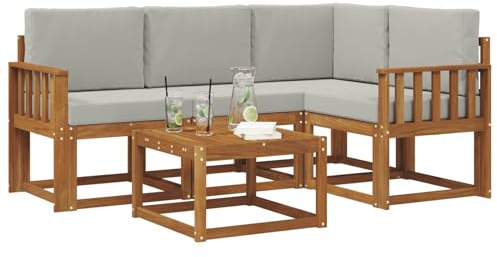 vidaXL Outdoor-Sofagarnitur mit Kissen 5 pcs Natürlich und Hellgrau, Garten-Sofa-Set, Moderne Outdoormöbel, langlebige Lounge für die Terrasse, Bequeme Sitzgruppe