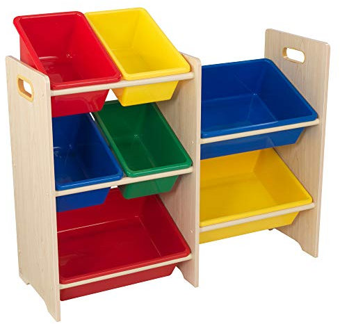 KidKraft Kinderregal aus Holz mit 7 primärfarbenen Aufbewahrungsboxen aus Kunststoff, Spielzeug-Organizer, Kinderzimmerregal, Aufbewahrungsregal für Spielzeug, 15470