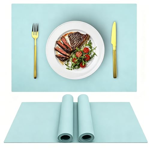 IYYI Silicone Placemats, Dining Placemats Set of 4, Waterproof Placemats for Kids, Non-Slip Silicone Mats for Dinner Table, Heat Resistant & Dishwasher Safe (Light Blue, 17.6 ×12.5)