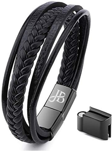 Jewellbox Bracelet en cuir noir pour homme réglable de 21 à 22,2 cm avec fermoir magnétique, Adjustable 21-22.5cm, Cuir