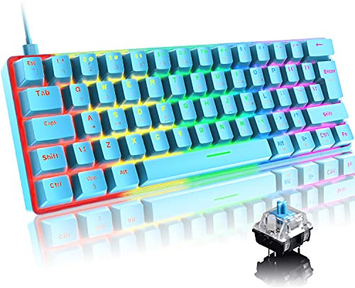 Mini 60% Teclado Mecánico para Juegos,Compacto 62 Teclas,Cable USB-C Desmontable,18 Chroma Retroiluminación RGB,QWERTY Layout,Interruptor Azul, Anti-Fantasma para Computadora/PC/Laptop/Mac-Azul