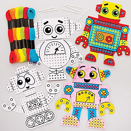 Baker Ross FE410 Roboter Kreuzstich Bastelset - 6er Pack, Basteln für Kinder, Nähen und Kreuzstich für Kinder
