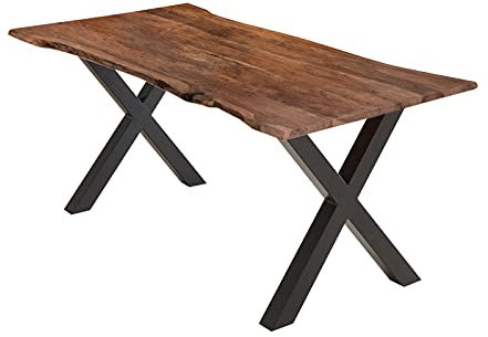 SAM Esstisch 300x100 cm Burgos, Akazienholz massiv + nussbaumfarben + lackiert, echte Baumkante, Baumkantentisch mit X-Gestell aus Metall schwarz, Tischplatte 26 mm