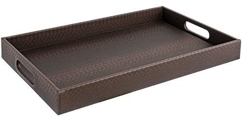 Home Redefined Modern 18x12 Inch Rectangle Brown Snake Faux Leather Decorative Tray Serving Tray with Handles Ottoman Coffee Table Dresser Living Room Kitchen Tray by Home