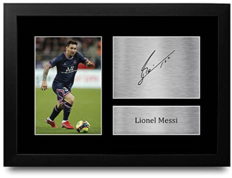 HWC Trading FR A4 Lionel Messi PSG Geschenke Gedrucktes Signiertes Autogramm Foto für Fußball Anhänger and Fans - A4 Framed