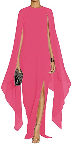 MAYFASEY Damen Elegant High Split Flare Ärmel Formale Abendkleider Maxikleid mit Umhang, Rose, Groß