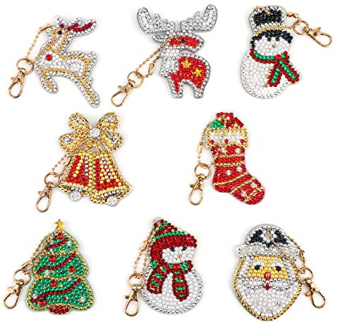 MWOOT 8 Stück 5D DIY Weihnachten Diamant Malerei Schlüsselbund, Christmas Schneemann Doppelseitig Full Drill Diamond Pasted Painting Keychain Strass Bilder Zubehör für Kinder Damen Rucksack Dekoration
