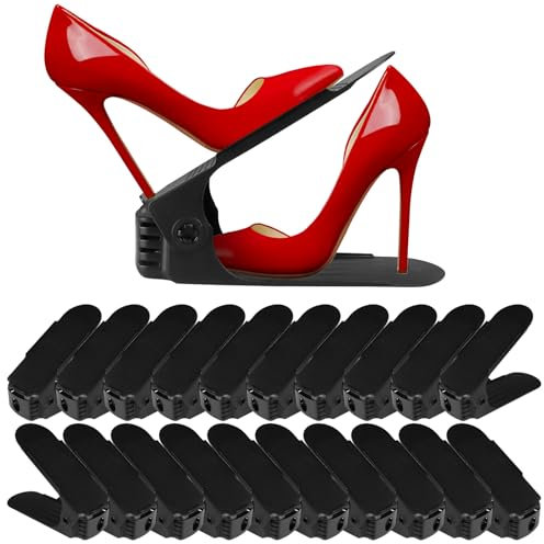 PetierWeit 20 Stück Schuhstapler, Schuhstapler Platzsparend für schrank, 4 HöHenverstellbar PP Doppelschicht Schuhe Stapeln Set, Rutschfest Schuhhalter, Schuhtrenner fuer Schrank (Schwarz)